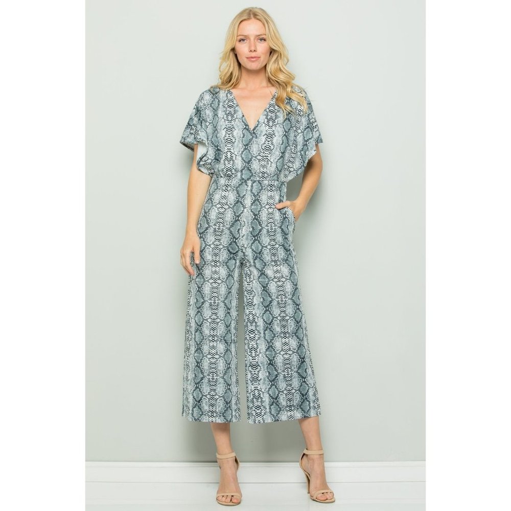 See and Be Seen Snake Print Surplice Jumpsuit, Grey